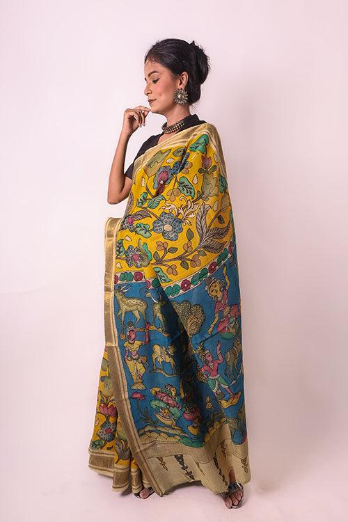 Kalamkari Hand-Painted Maheshwari Silk Saree