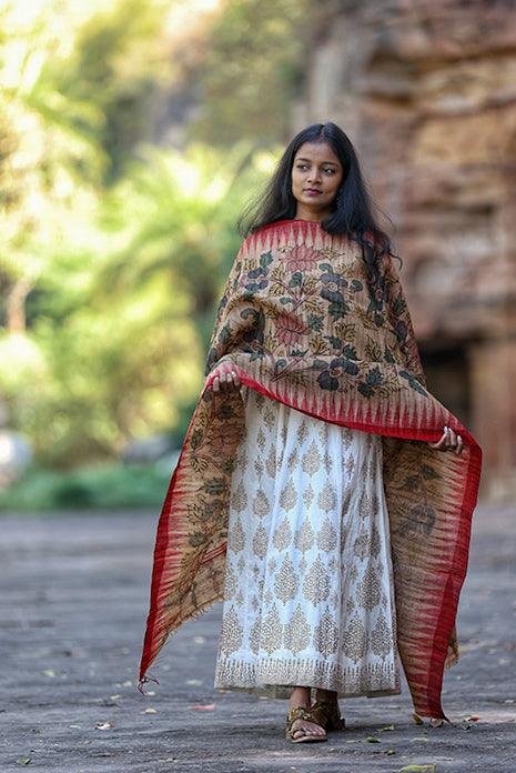 Kalamkari Handpainted Tussar Ghicha Silk Dupatta