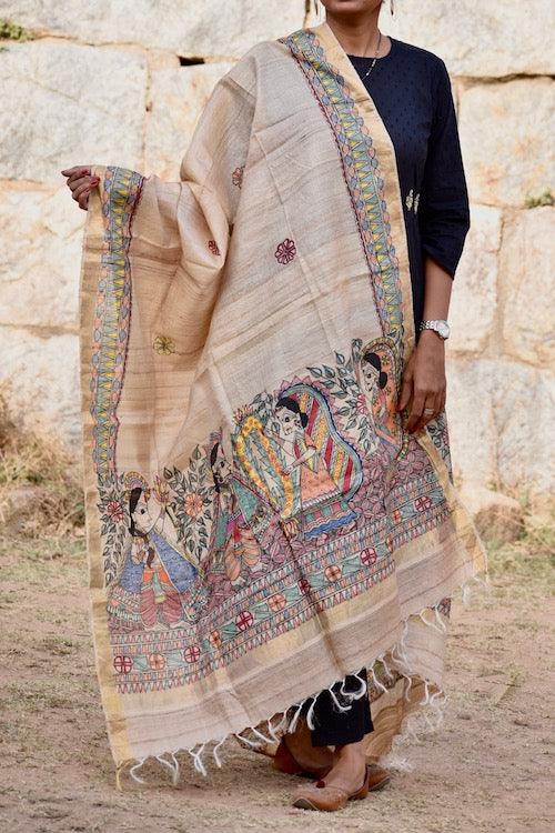 Madhubani Hand-painted Natural Tussar Silk Dupatta