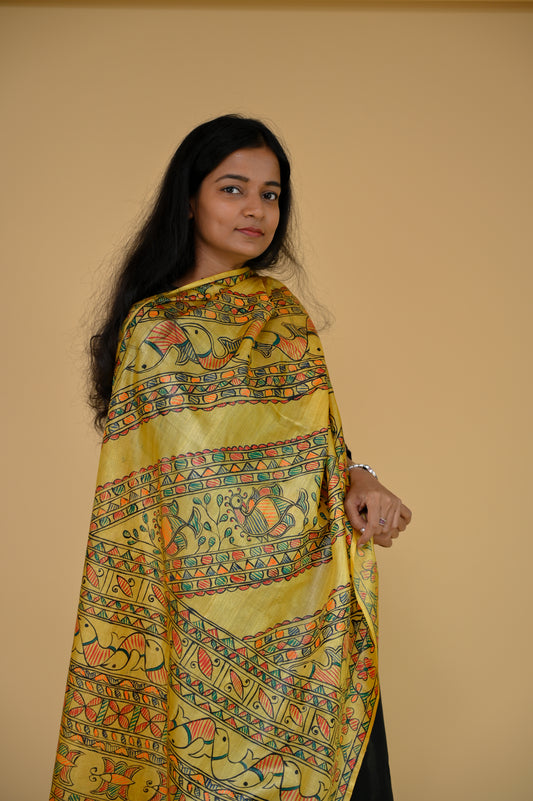 Madhubani Handpainted Tussar Silk Dupatta