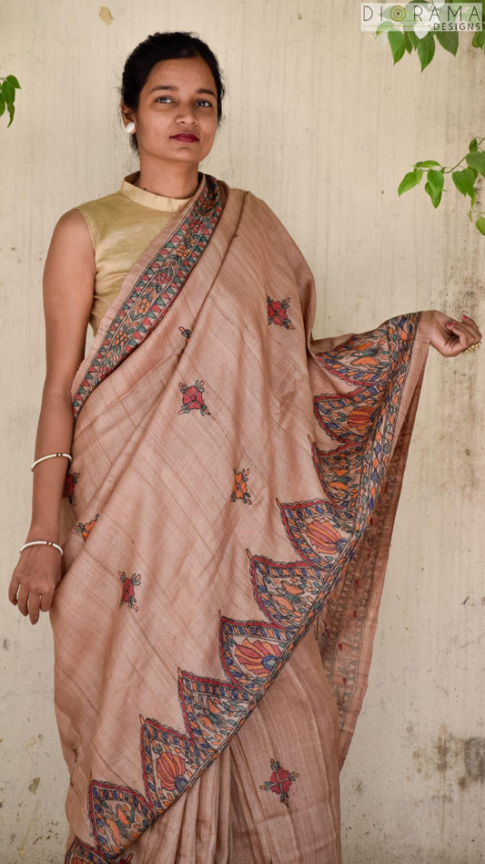 Tussar Silk Hand painted Madhubani Saree