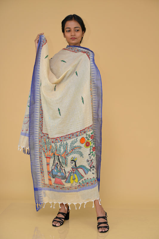 Handpainted Radhakrishna Madhubani Cotton Dupatta