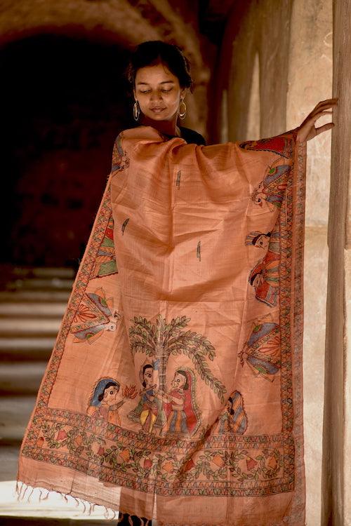 Madhubani Hand-painted Salmon Tussar Silk Dupatta