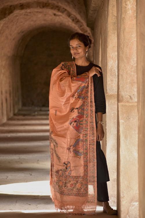 Madhubani Hand-painted Salmon Tussar Silk Dupatta