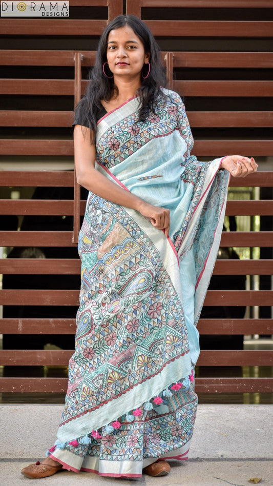 Women's Mithila Painting Saree I Hand painted I Powder Blue I Linen Saree