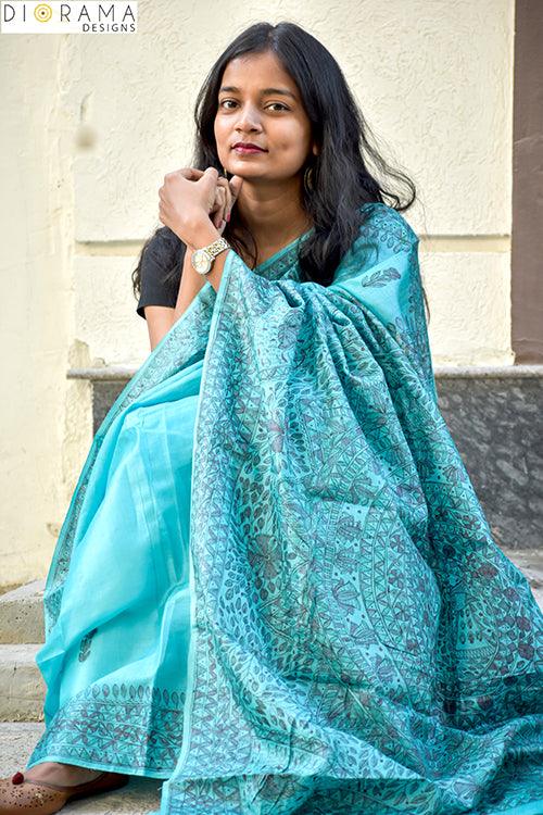 Madhubani "Neelanchal" Hand-painted Tussar Silk Saree