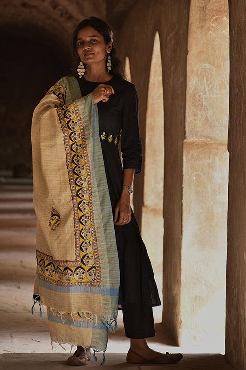 Madhubani Hand-Painted Durga Face Cotton Dupatta