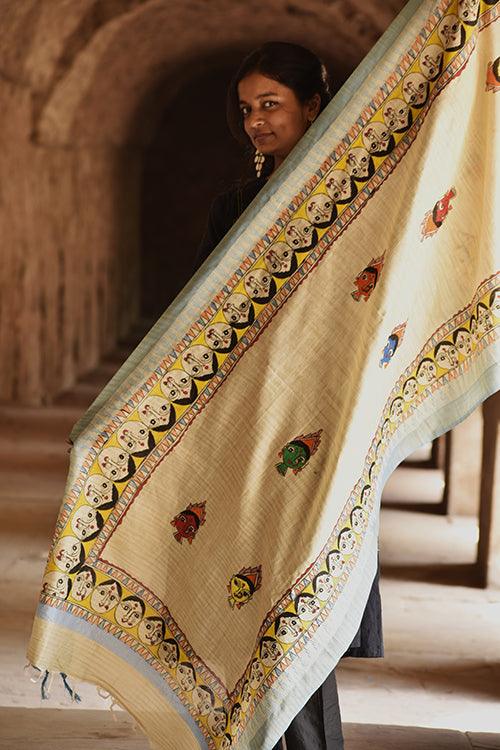 Madhubani Hand-Painted Durga Face Cotton Dupatta