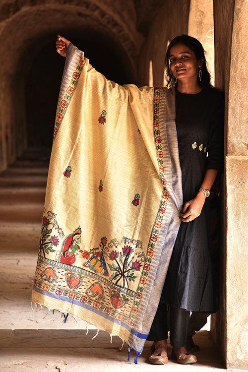 Madhubani Hand-Painted Radha Krishna Cotton Dupatta