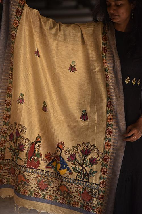 Madhubani Hand-Painted Radha Krishna Cotton Dupatta