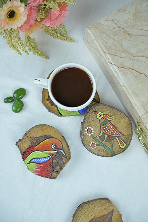 Teak Wood Handpainted Birdie Coasters- Set of 4