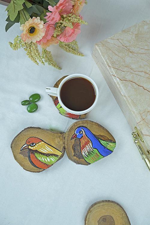 Teak Wood Handpainted Birdie Coasters- Set of 4