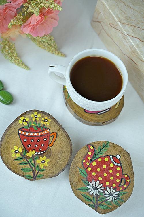 Teak Wood Handpainted Tea-time Coasters- Set of 4