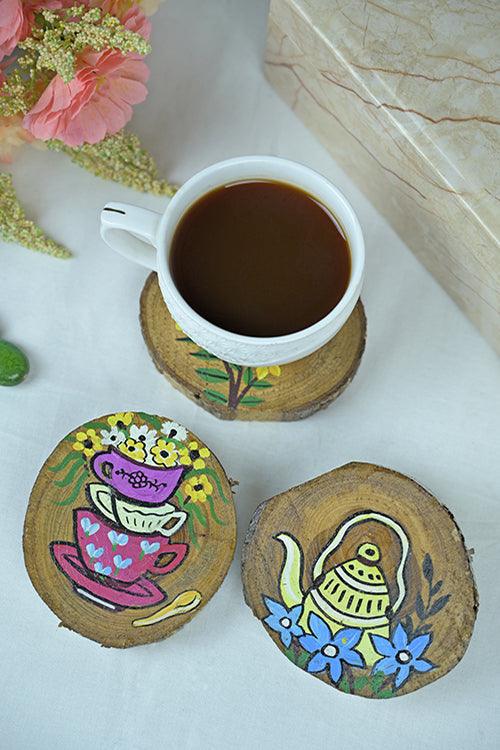 Teak Wood Handpainted Tea-time Coasters- Set of 4