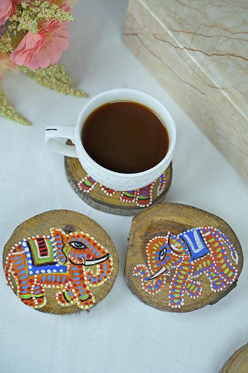 Teak Wood Handpainted Tusker Coasters- Set of 4