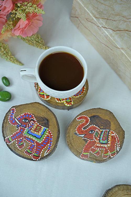 Teak Wood Handpainted Tusker Coasters- Set of 4