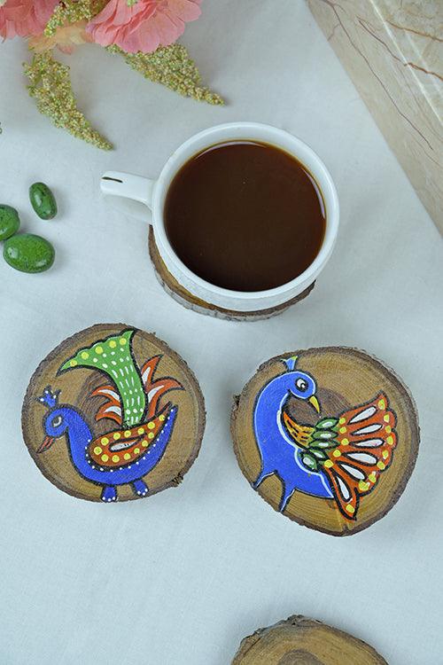 Teak Wood Handpainted Mayura Coasters- Set of 4