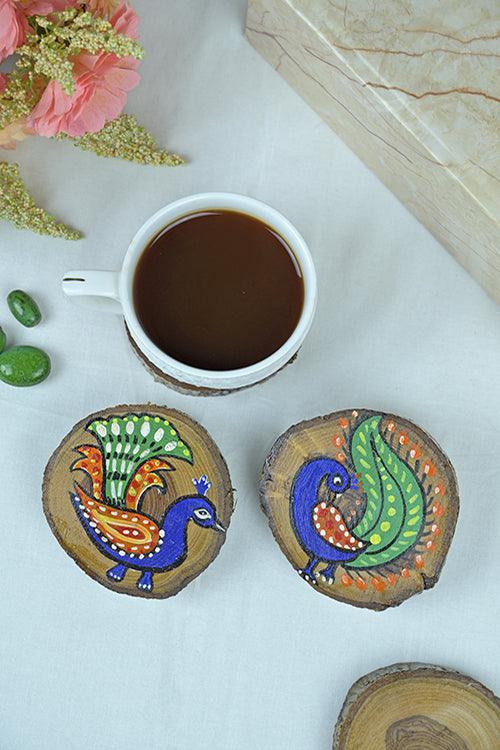 Teak Wood Handpainted Mayura Coasters- Set of 4