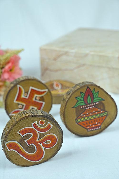 Teak Wood Handpainted Devotion Coasters- Set of 4