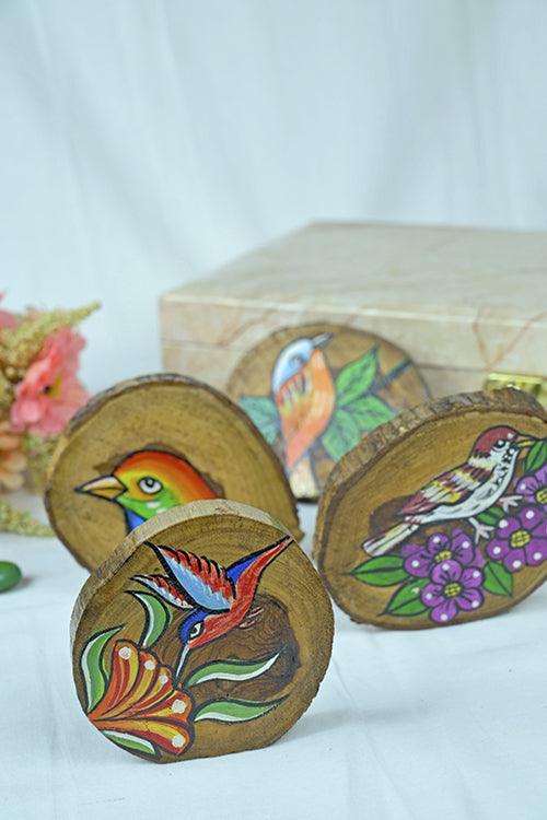 Teak Wood Handpainted Fledgling Coasters- Set of 4