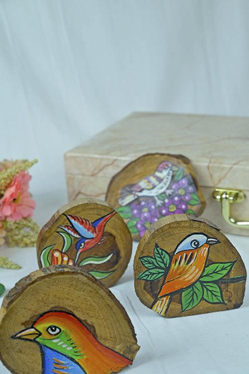 Teak Wood Handpainted Fledgling Coasters- Set of 4