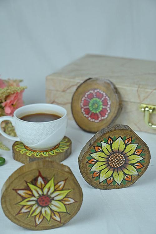 Teak Wood Handpainted Bloom Coasters- Set of 4