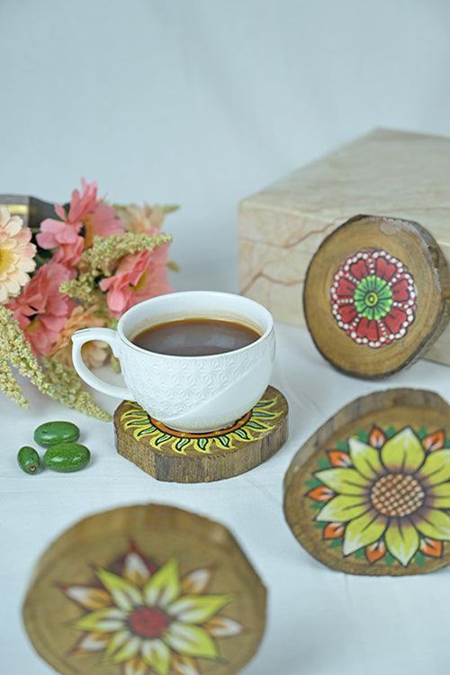 Teak Wood Handpainted Bloom Coasters- Set of 4