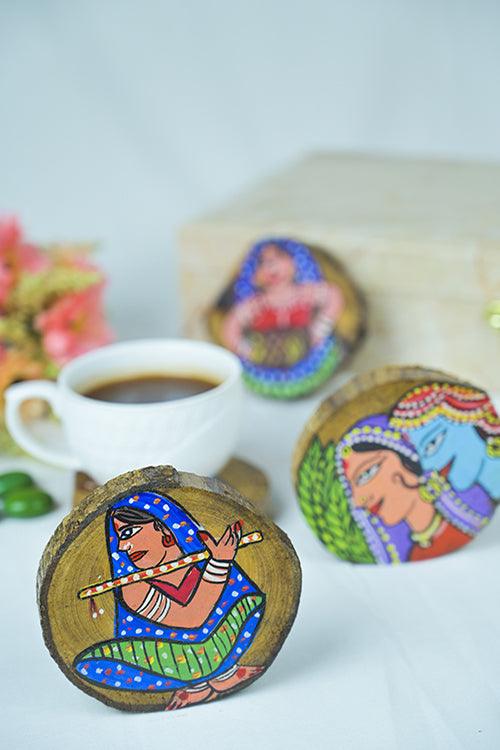 Teak Wood Handpainted Tribe Coasters- Set of 4