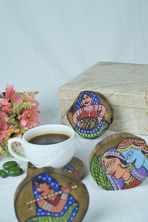 Teak Wood Handpainted Tribe Coasters- Set of 4