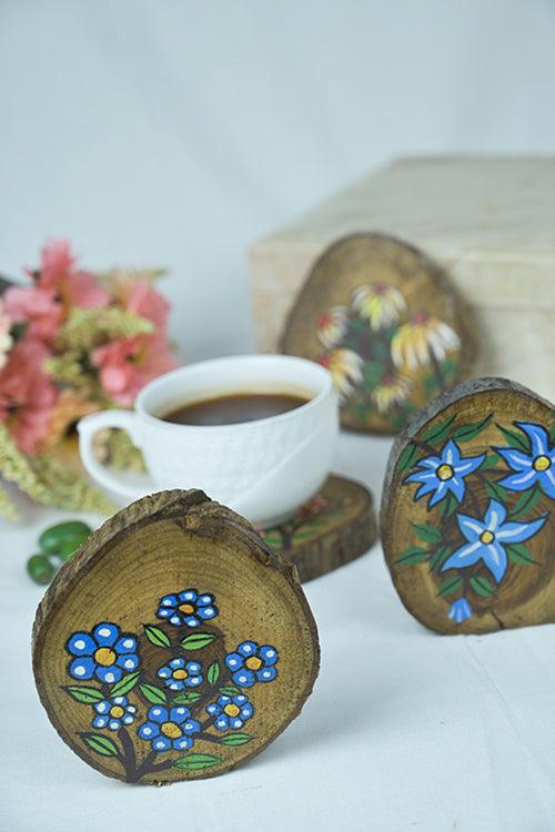 Teak Wood Handpainted Blossom Coasters- Set of 4