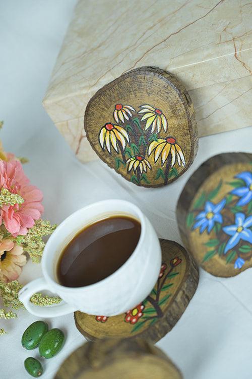 Teak Wood Handpainted Blossom Coasters- Set of 4