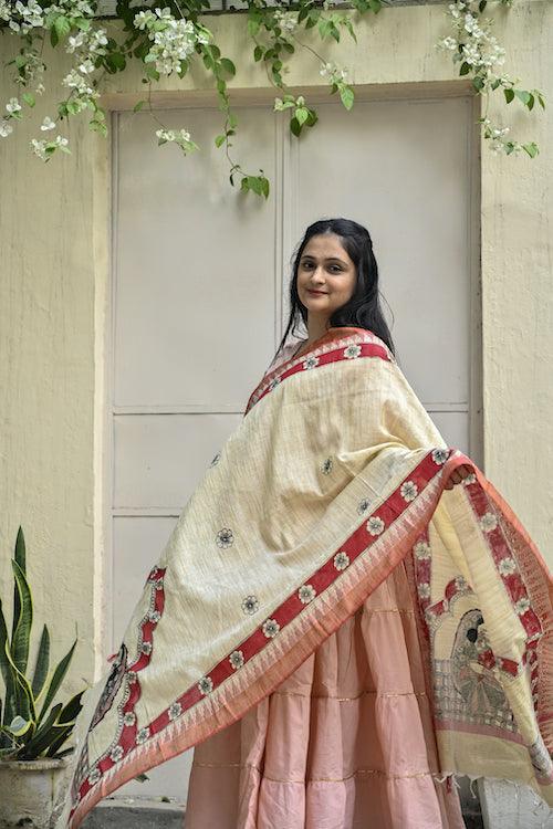 Madhubani Hand-painted "Makhan Chor" Cotton Dupatta