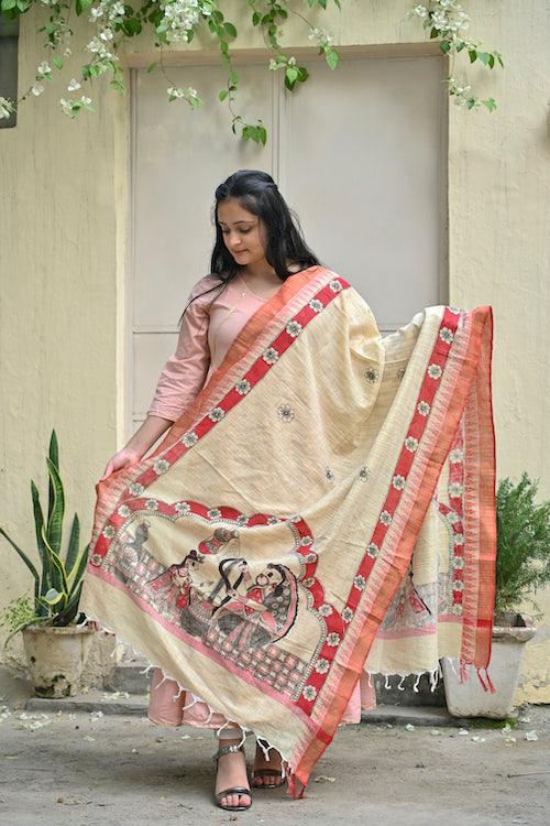 Madhubani Hand-painted "Makhan Chor" Cotton Dupatta