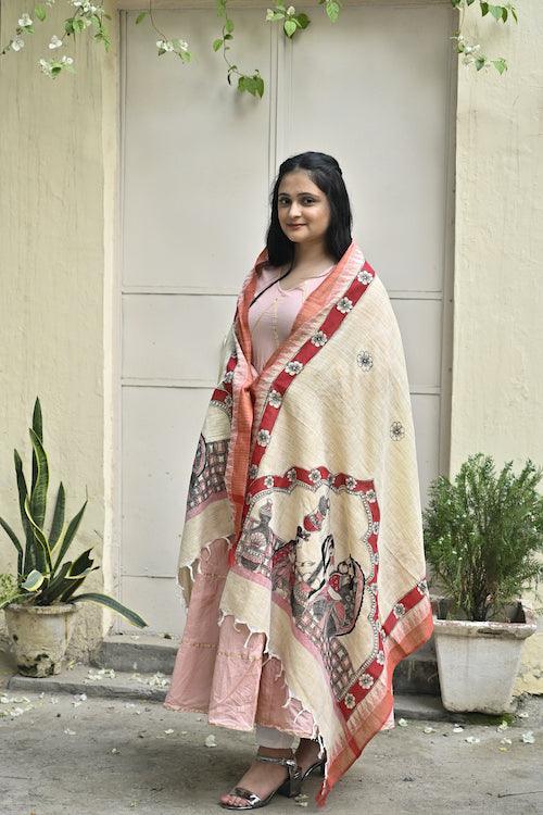 Madhubani Hand-painted "Makhan Chor" Cotton Dupatta