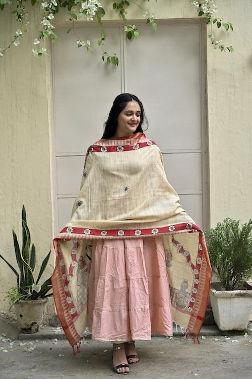 Madhubani Hand-painted "Makhan Chor" Cotton Dupatta