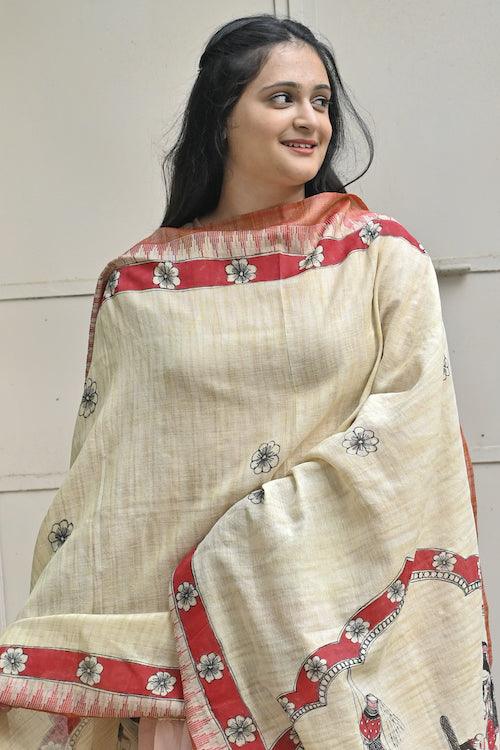 Madhubani Hand-painted "Makhan Chor" Cotton Dupatta