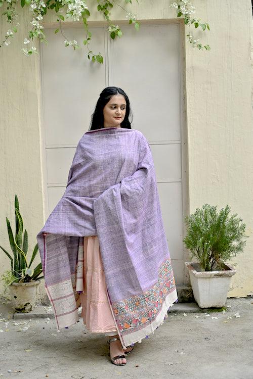 Madhubani Hand-painted Lilac Khadi Handloom Dupatta