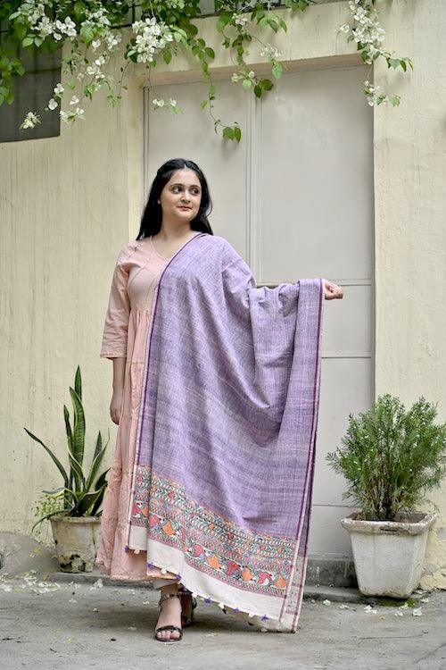 Madhubani Hand-painted Lilac Khadi Handloom Dupatta