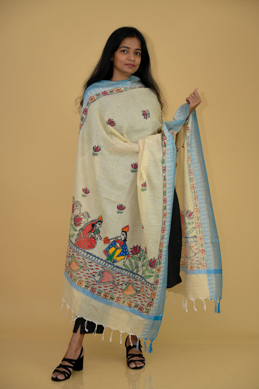 Handpainted "Serene" Madhubani Cotton Dupatta