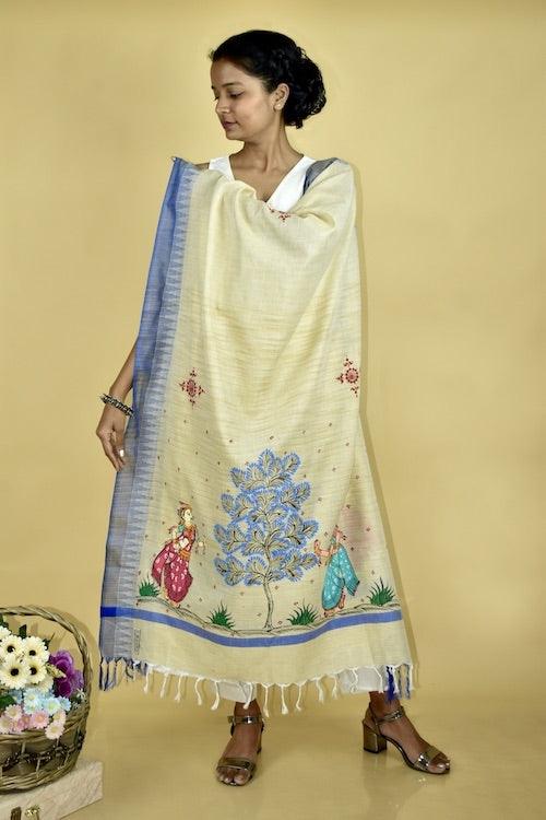Pattachitra Handpainted Indigo Cotton Silk Dupatta