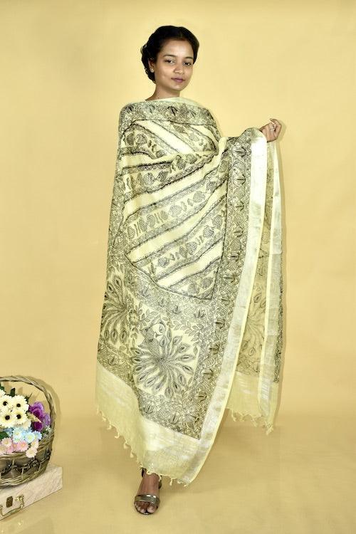 Madhubani All Over Hand-painted Linen Dupatta