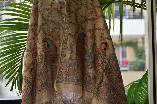 Madhubani Hand-Painted Natural Tussar Silk Dupatta