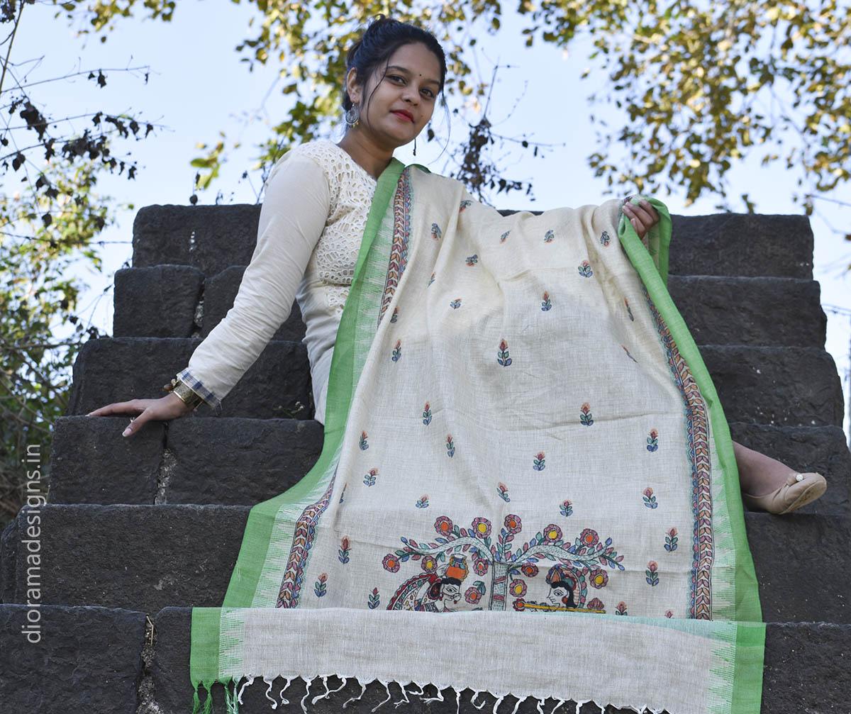 Madhubani Hand-painted Cotton Dupatta