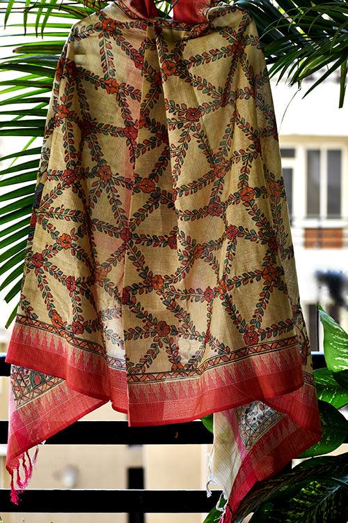 Madhubani Hand-painted Cotton Dupatta