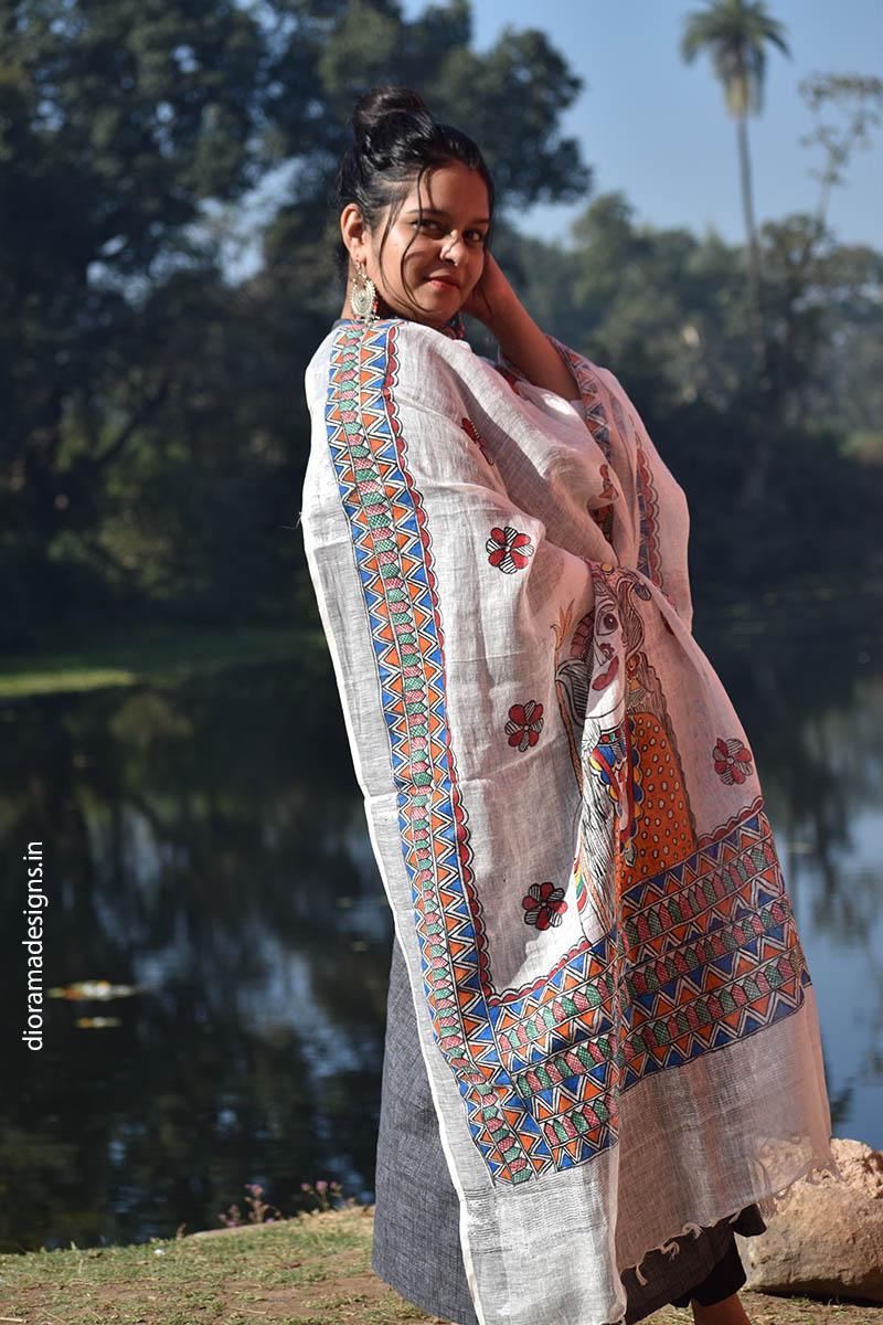 Madhubani Hand Painted Linen Dupatta