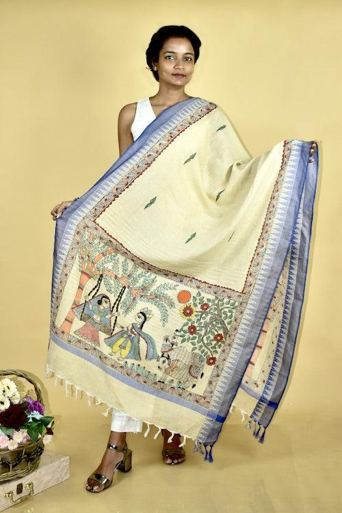 Krishna Vallabha Madhubani Hand-painted Cotton Dupatta