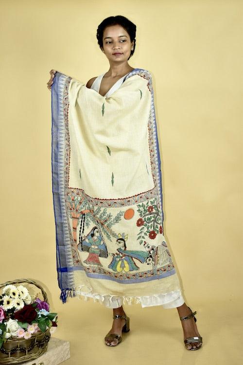 Krishna Vallabha Madhubani Hand-painted Cotton Dupatta