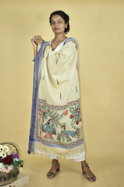 Krishna Vallabha Madhubani Hand-painted Cotton Dupatta