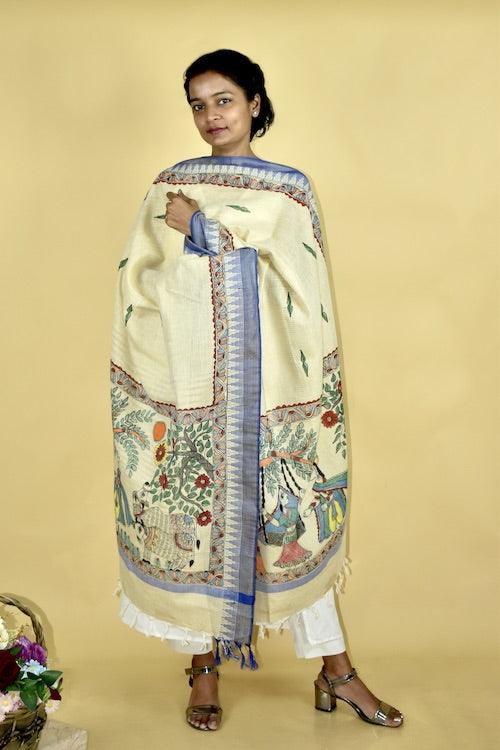 Krishna Vallabha Madhubani Hand-painted Cotton Dupatta