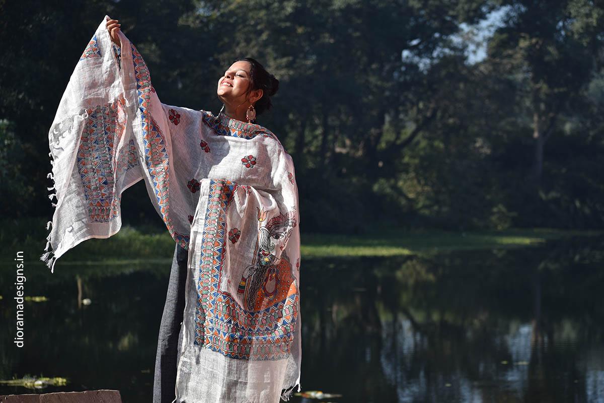 Madhubani Hand Painted Linen Dupatta